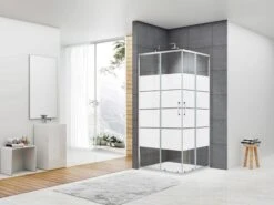 Box Doccia Angolare Arek 75x75 H190 Porte Scorrevoli Cristallo 6 Mm Trasparente Serigrafato Cromo