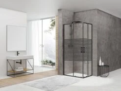 Box Doccia Angolare Arek 70x100 H190 Porte Scorrevoli Cristallo 6 Mm Trasparente Serigrafato Nero Opaco