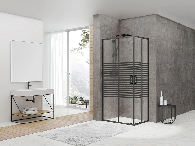 Box Doccia Angolare Arek 80x120 H190 Porte Scorrevoli Cristallo 6 Mm Trasparente Serigrafato Nero Opaco 3 Box Doccia Angolare Arek 80x120 H190 Porte Scorrevoli Cristallo 6 Mm Trasparente Serigrafato Nero Opaco