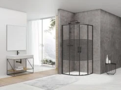 Box Doccia Angolare Semicircolare Arek 80x80 H190 Porte Scorrevoli Cristallo 6 Mm Trasparente Serigrafato Nero Opaco