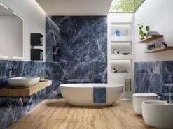 Piastrella Ocean Blue 60X120 Gres Effetto Marmo Blu Lappato Lucido