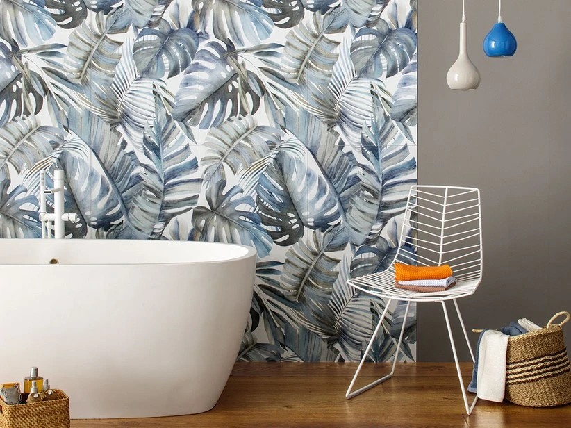 Decoro Wallart Borneo Blue Gres Sottile Effetto Carta Da Parati Tropicale Composizione 100x100 3 Decoro Wallart Borneo Blue Gres Sottile Effetto Carta Da Parati Tropicale Composizione 100x100